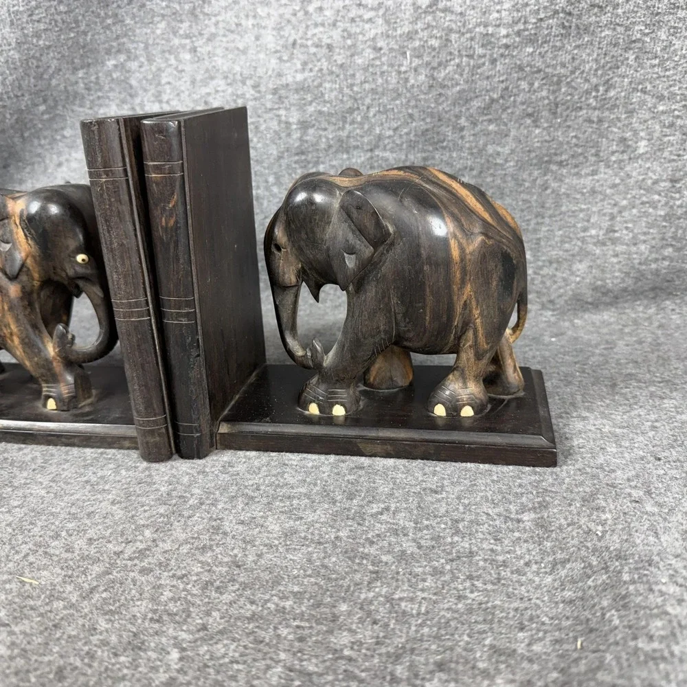Wood Elephant Bookends Pair Hand Carved Book Holder Brown Home Decor Shelf